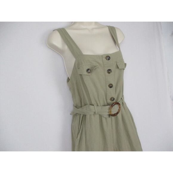 Japna Jumpsuit Women Medium Tan Linen Blend Wide Leg Crop Strappy Pockets Retro - Picture 3 of 12